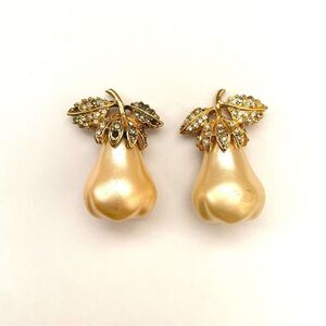 Vintage Kenneth Jay Lane KJL Signed Gold Cream Pear Crystals Leaf Clip Earrings